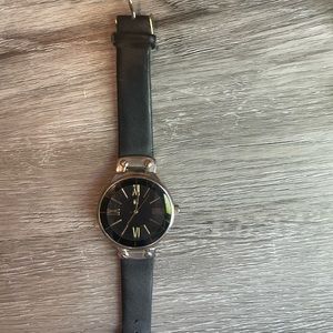 Women’s watch black band, black face, gold numbering